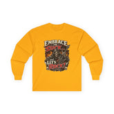 Red Printify long-sleeve tee featuring the "Embrace The Suck" design, casual fit, perfect for everyday wear.