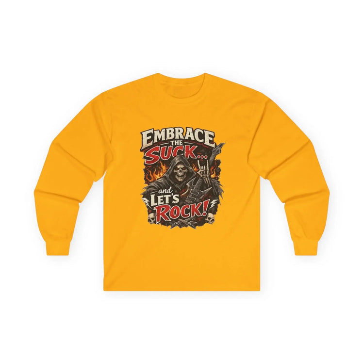 Red Printify long-sleeve tee featuring the "Embrace The Suck" design, casual fit, perfect for everyday wear.