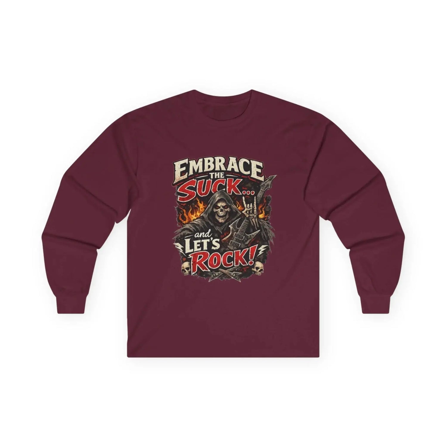 Red long-sleeve T-shirt from Printify featuring the "Embrace The Suck" slogan, casual fit, and comfortable fabric.