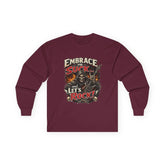 Red long-sleeve T-shirt from Printify featuring the "Embrace The Suck" slogan, casual fit, and comfortable fabric.