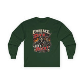 Red Printify long-sleeve tee featuring the "Embrace The Suck" slogan, casual long-sleeve shirt for everyday wear.