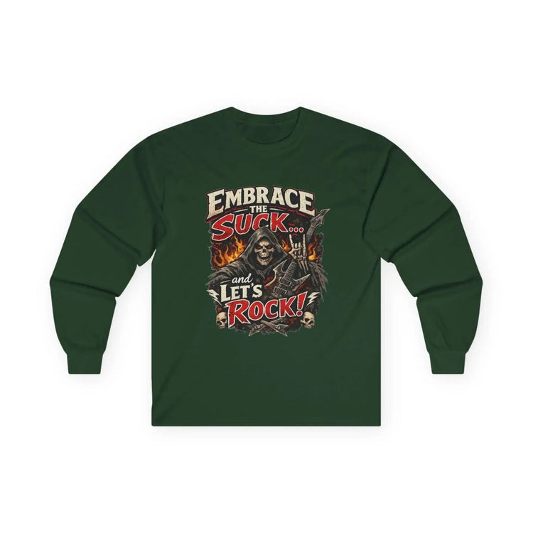 Red Printify long-sleeve tee featuring the "Embrace The Suck" slogan, casual long-sleeve shirt for everyday wear.