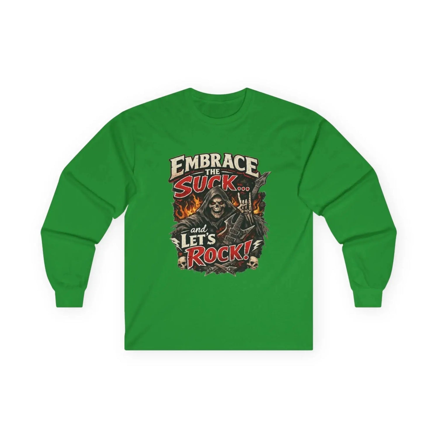 Red Printify Embrace The Suck long sleeve tee with bold text and comfortable fit, perfect for casual wear.