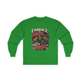 Red Printify Embrace The Suck long sleeve tee with bold text and comfortable fit, perfect for casual wear.