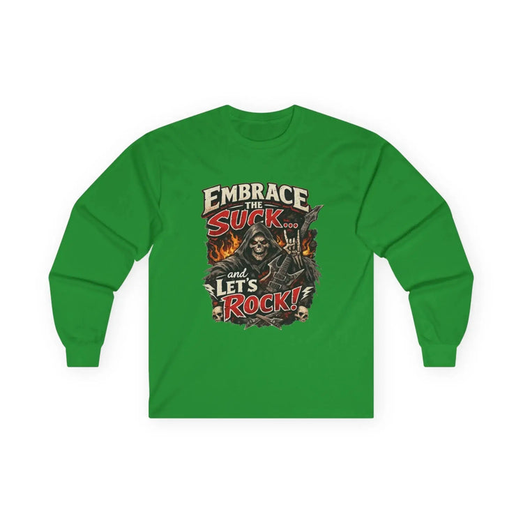 Red Printify Embrace The Suck long sleeve tee with bold text and comfortable fit, perfect for casual wear.