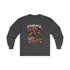 Red Printify Embrace The Suck long sleeve tee featuring bold text on the front, casual and comfortable long-sleeve shirt.