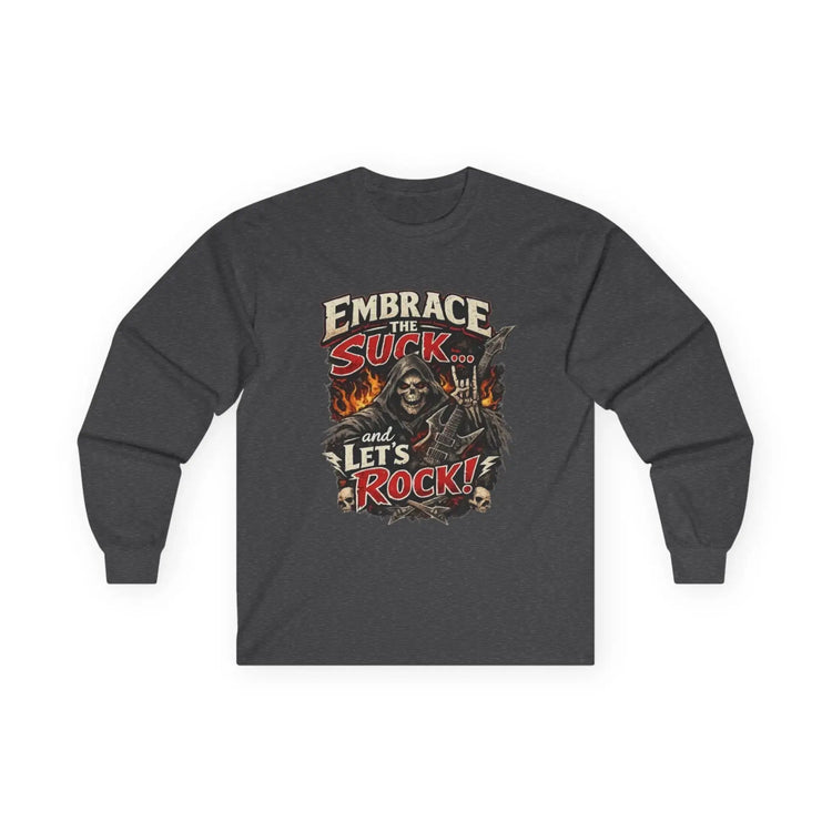 Red Printify Embrace The Suck long sleeve tee featuring bold text on the front, casual and comfortable long-sleeve shirt.