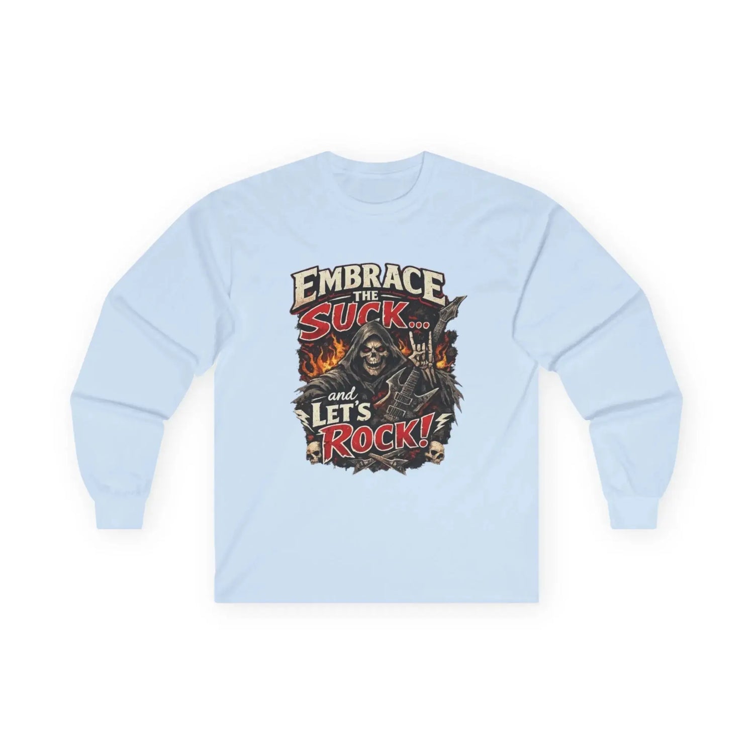 Red long-sleeve tee by Printify featuring "Embrace The Suck" slogan, casual fit, and comfortable fabric.