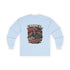 Red long-sleeve tee by Printify featuring "Embrace The Suck" slogan, casual fit, and comfortable fabric.