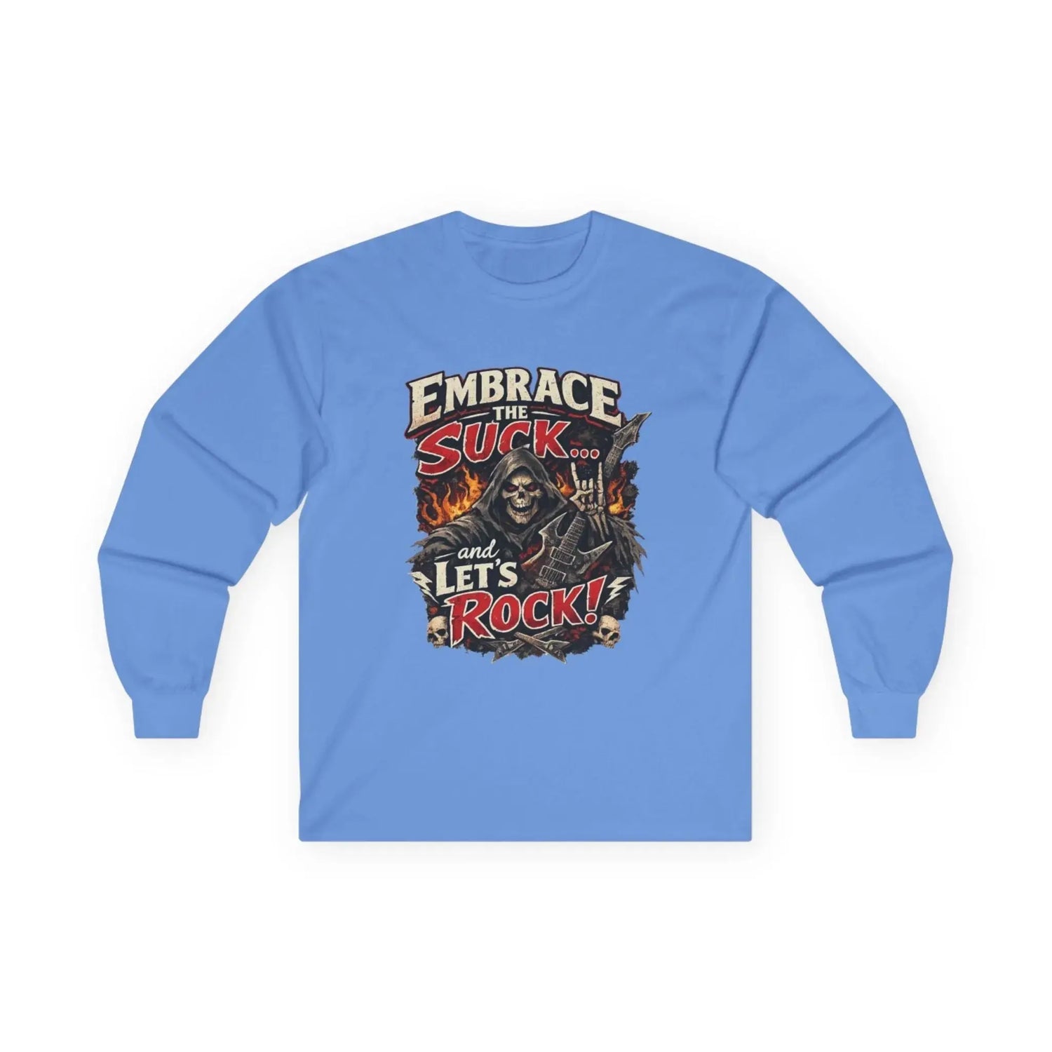 Red Printify long-sleeve tee featuring "Embrace The Suck" graphic, casual relaxed fit, ideal for comfortable everyday wear.