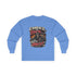 Red Printify long-sleeve tee featuring "Embrace The Suck" graphic, casual relaxed fit, ideal for comfortable everyday wear.
