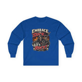 Red Printify long-sleeve tee featuring "Embrace The Suck" print on the front, casual and comfortable apparel.