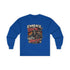 Red Printify long-sleeve tee featuring "Embrace The Suck" print on the front, casual and comfortable apparel.