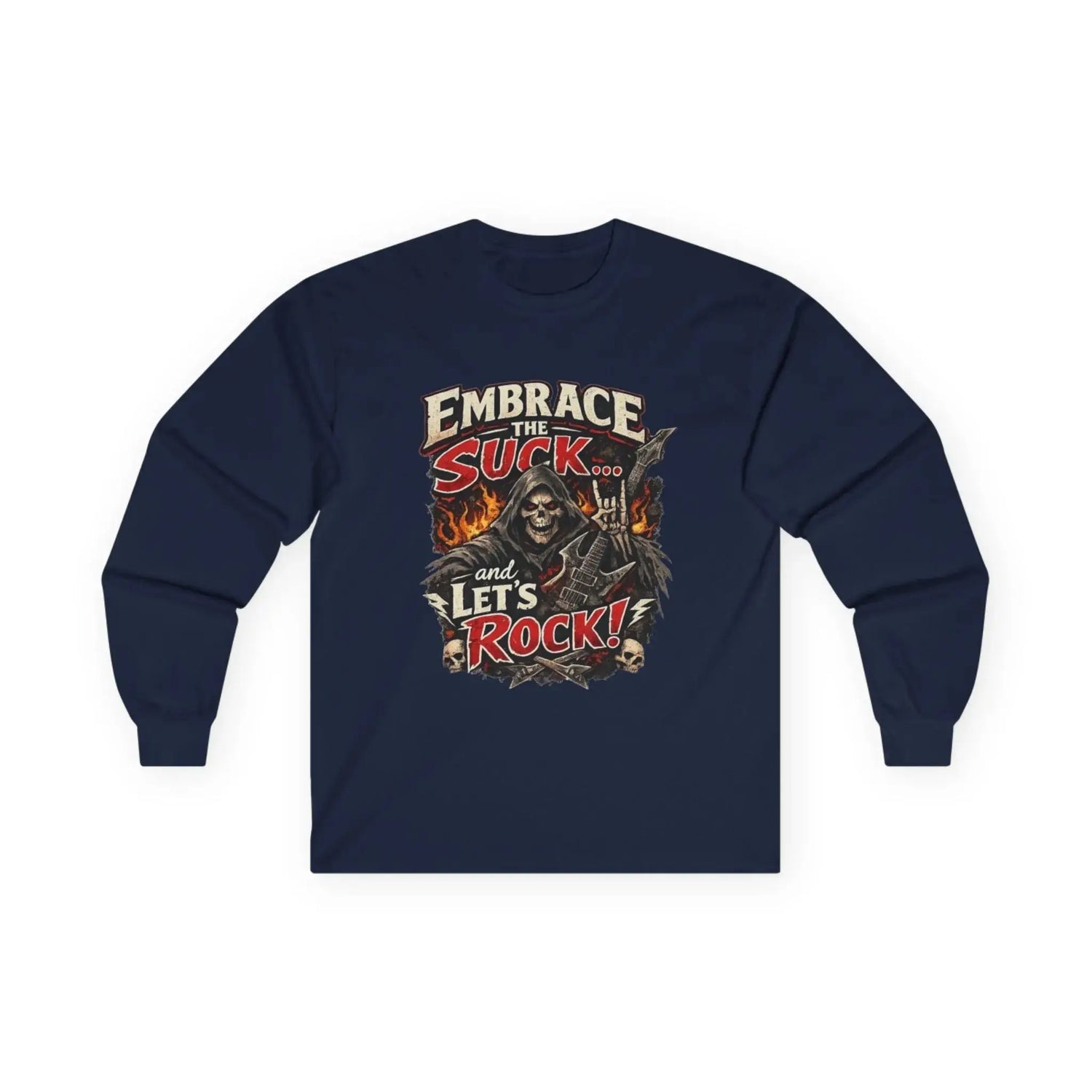 Red Printify long-sleeve tee featuring "Embrace The Suck" graphic printed on the front.