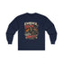 Red Printify long-sleeve tee featuring "Embrace The Suck" graphic printed on the front.