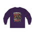 Red long-sleeve tee from Printify with "Embrace The Suck" slogan, made of soft fabric, displayed flat.