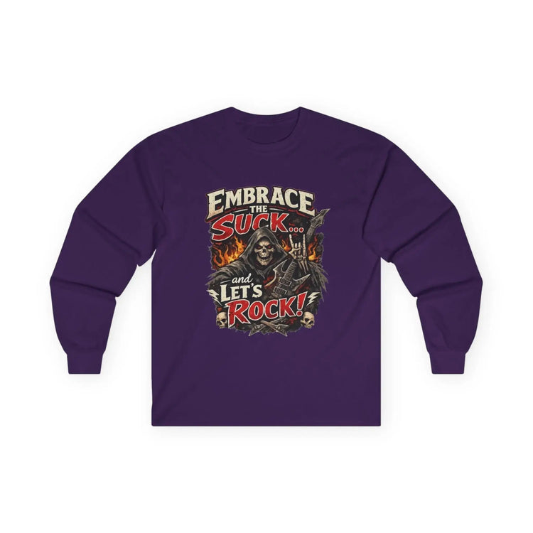 Red long-sleeve tee from Printify with "Embrace The Suck" slogan, made of soft fabric, displayed flat.