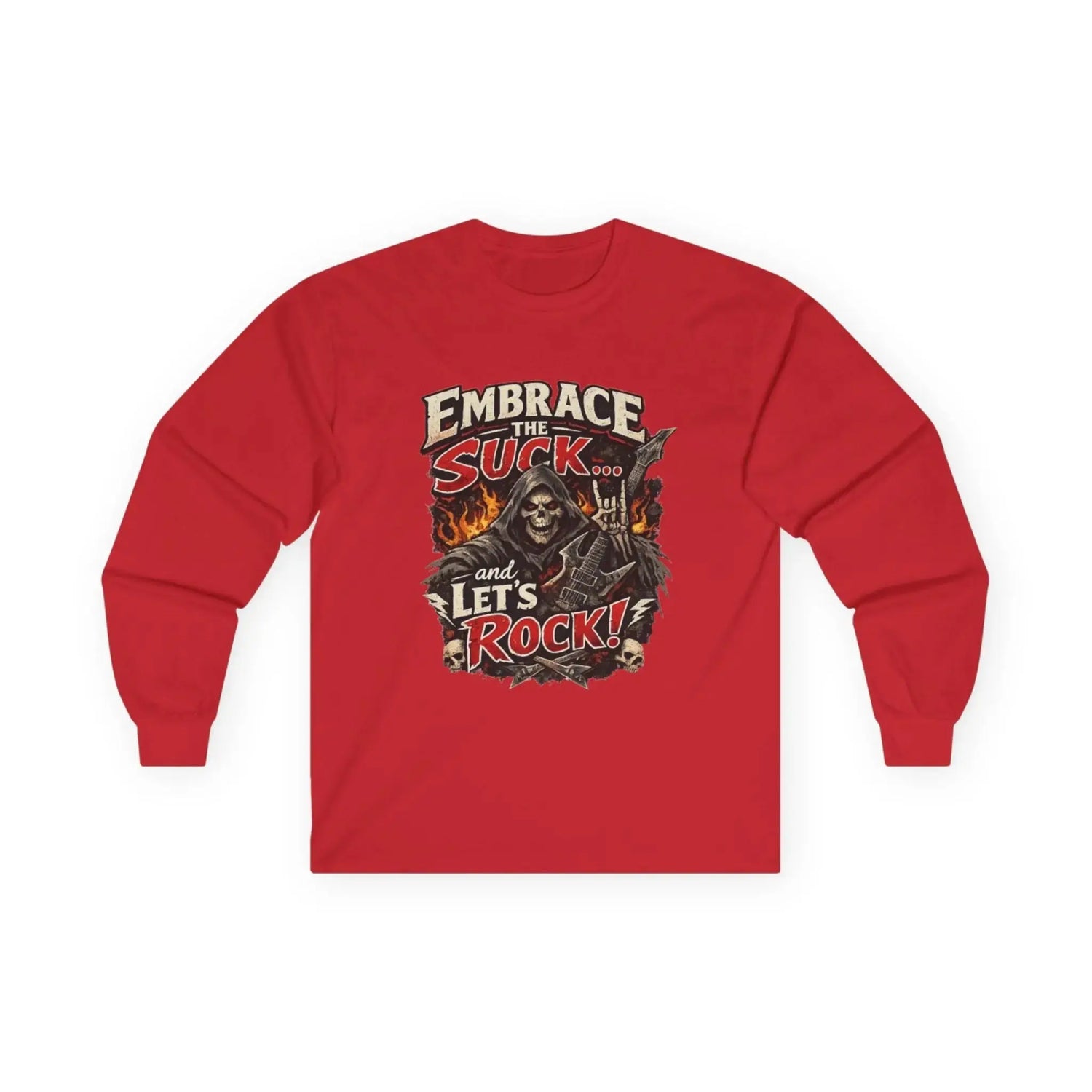 Red long-sleeve tee from Printify with "Embrace The Suck" slogan, featuring casual fit and comfortable fabric.