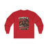 Red long-sleeve tee from Printify with "Embrace The Suck" slogan, featuring casual fit and comfortable fabric.
