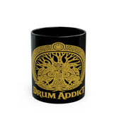 Black ceramic Drum Addict Mug with Celtic Tree of Life and drummer design, available in 11oz and 15oz sizes.