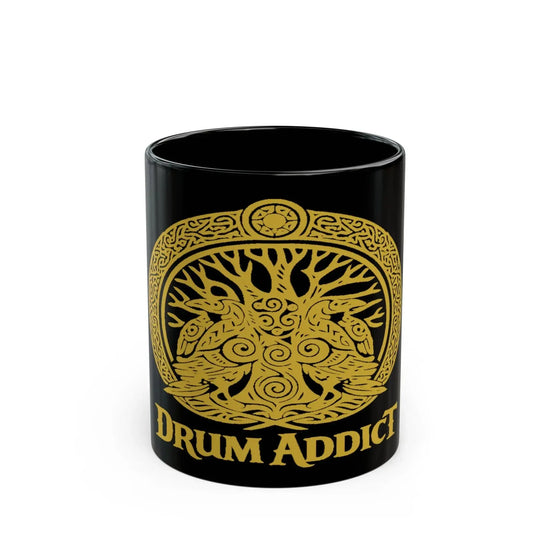 Black ceramic Drum Addict Mug with Celtic Tree of Life and drummer design, available in 11oz and 15oz sizes.