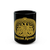 Black ceramic mug featuring Celtic Tree of Life and drummer design, available in 11oz and 15oz sizes.