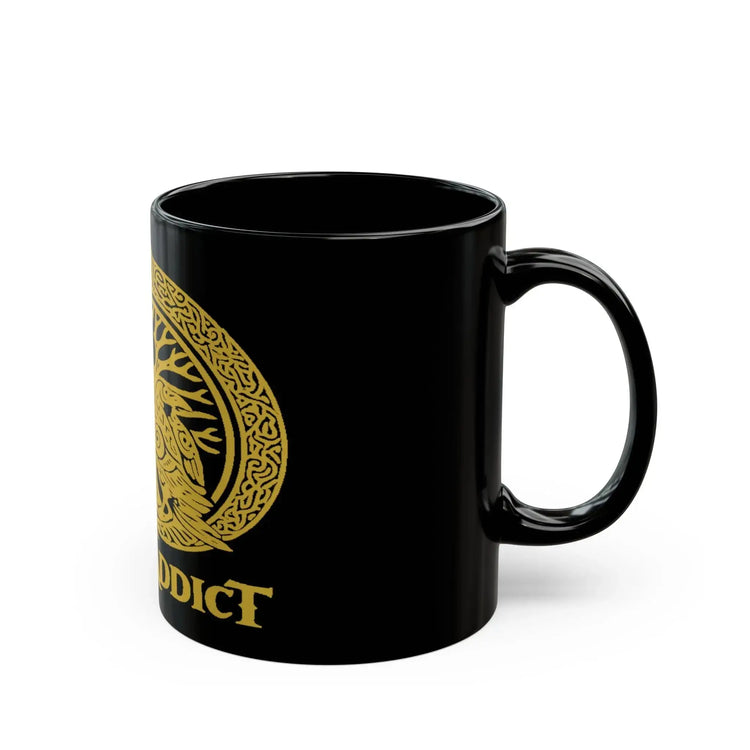 Black ceramic Drum Addict Mug with Celtic Tree of Life and drummer design, available in 11oz and 15oz sizes.