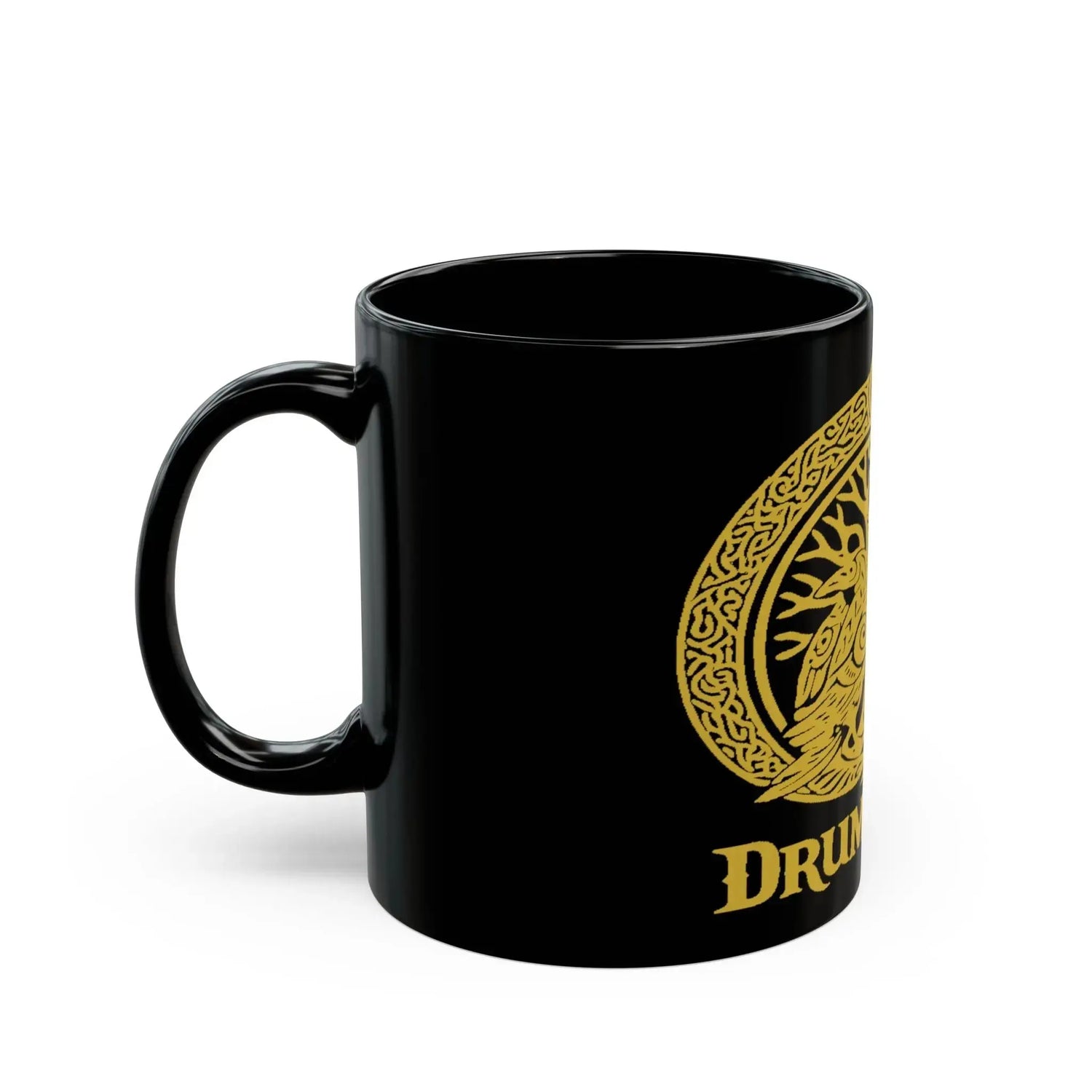 Black Drum Addict Mug with Celtic Tree of Life and drummer design, available in 11oz and 15oz sizes.