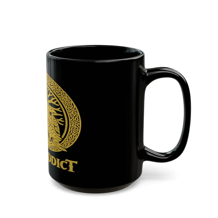 Black Drum Addict Mug featuring Celtic Tree of Life and drummer design, available in 11oz and 15oz sizes.