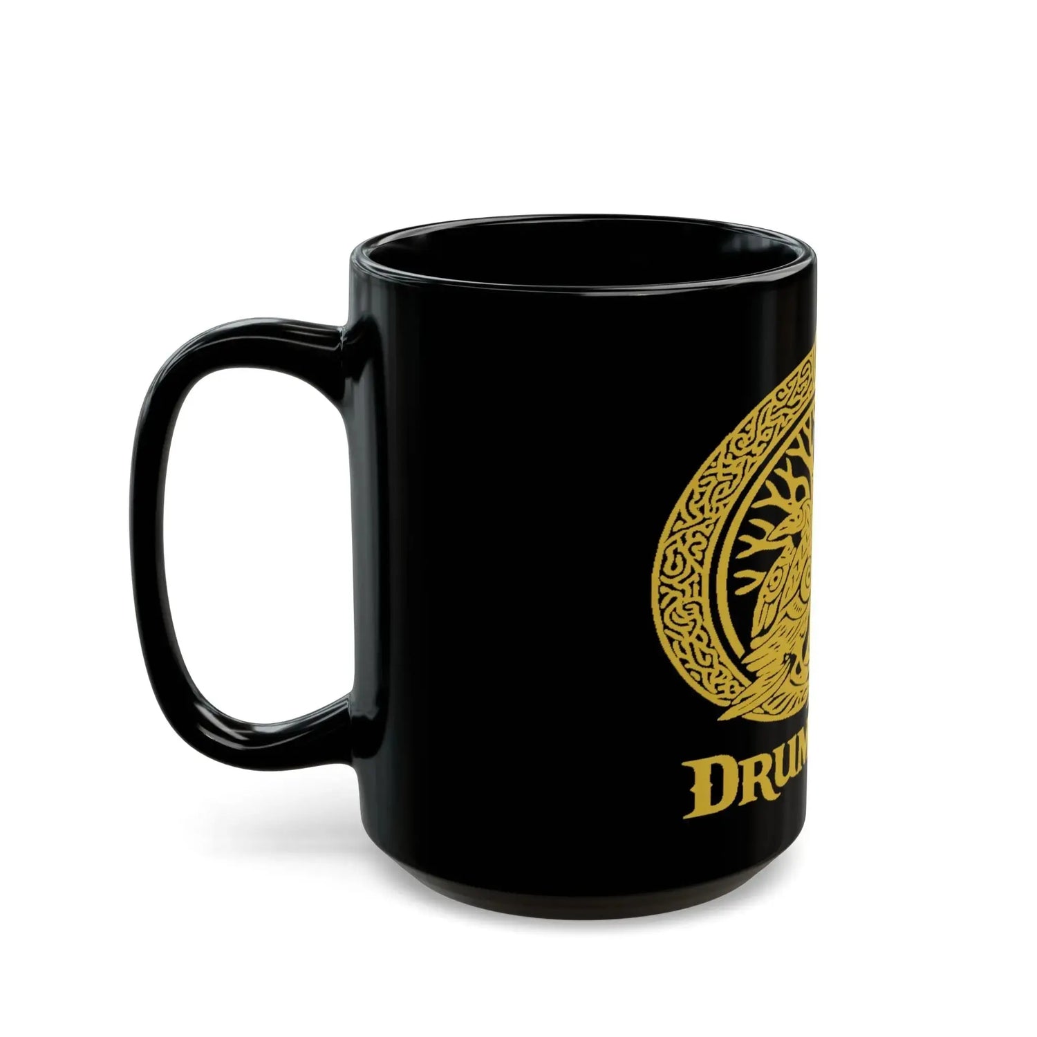 Black ceramic mug with Celtic Tree of Life and drummer design, 11oz or 15oz size, perfect for coffee or tea.