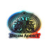 Holographic Drum Addict die-cut sticker featuring a Celtic tree drum design on shiny paper for decorative use.