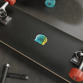 Holographic Drum Addict die-cut sticker featuring a Celtic tree drum design on paper, vibrant holographic finish.