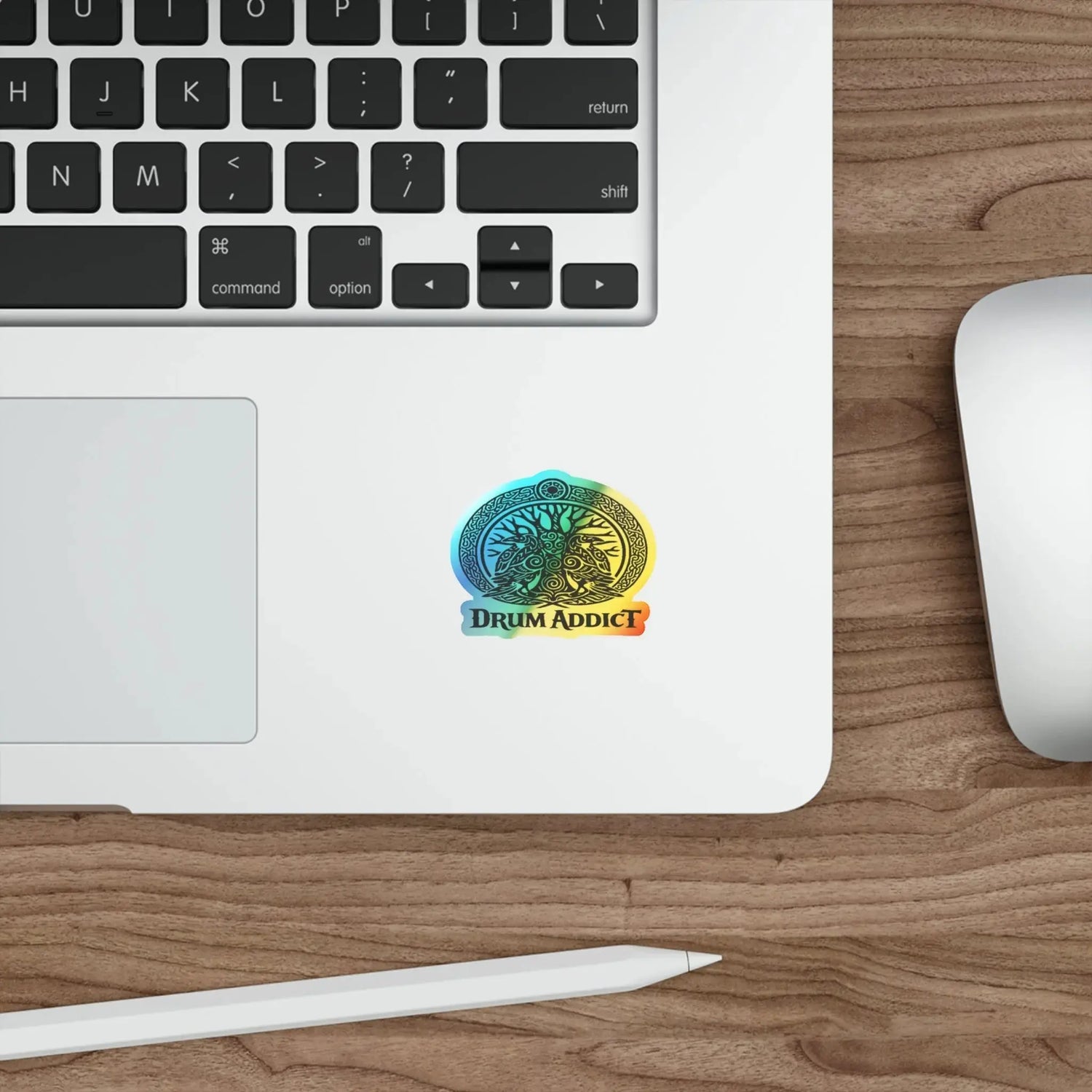 Holographic Drum Addict die-cut sticker featuring a Celtic tree drum design, printed on paper, by Printify.
