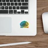 Holographic Drum Addict die-cut sticker featuring a Celtic tree drum design, printed on paper, by Printify.