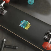 Holographic Drum Addict die-cut sticker featuring a Celtic tree drum design on paper product, vibrant and reflective surface.