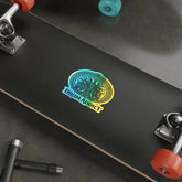 Holographic Drum Addict die-cut sticker featuring a Celtic tree drum design, made of shiny paper material.