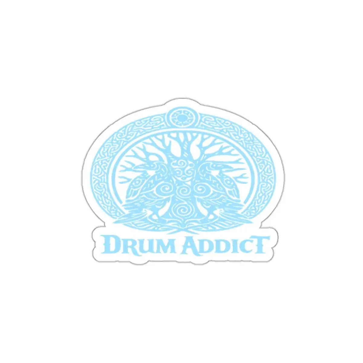 White die-cut sticker featuring the "Drum Addict" Celtic Tree logo on paper, perfect for decorating notebooks or laptops.