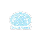 White die-cut sticker featuring the "Drum Addict" Celtic Tree logo on paper, perfect for decorating notebooks or laptops.