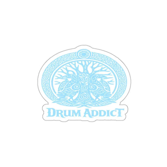 White die-cut sticker featuring the "Drum Addict" Celtic Tree logo on paper, perfect for decorating notebooks or laptops.