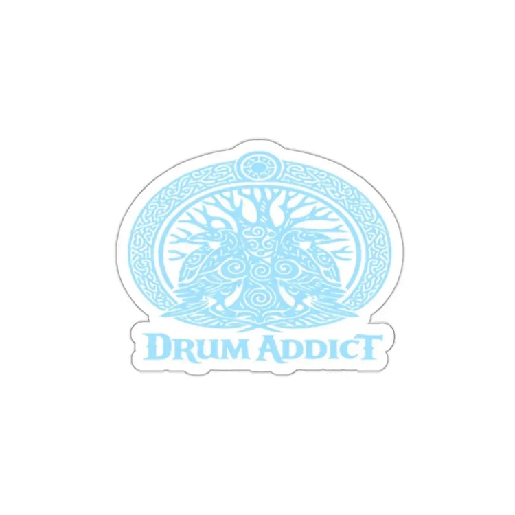 White die-cut sticker featuring the "Drum Addict" Celtic Tree logo on paper, perfect for decorating notebooks or laptops.