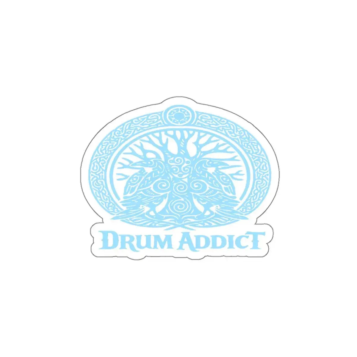 White die-cut sticker featuring the "Drum Addict" Celtic Tree Logo on paper, perfect for decorating notebooks and accessories.