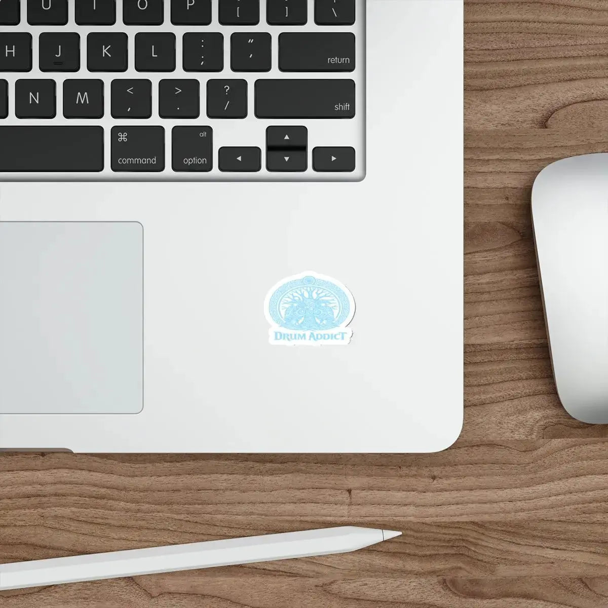White die-cut sticker featuring the "Drum Addict" Celtic Tree Logo, made of paper, by Printify.