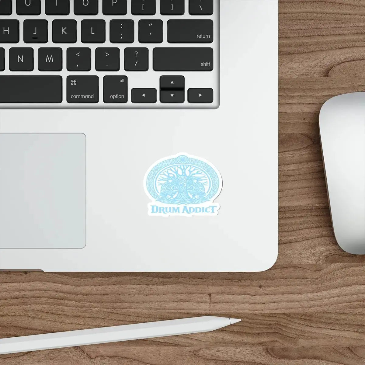 White die-cut sticker featuring the Drum Addict Celtic Tree Logo on paper, perfect for decorating or personalizing items.