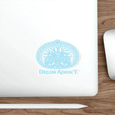 White die-cut sticker featuring the "Drum Addict" Celtic Tree Logo, printed on paper, designed for drum and music enthusiasts.