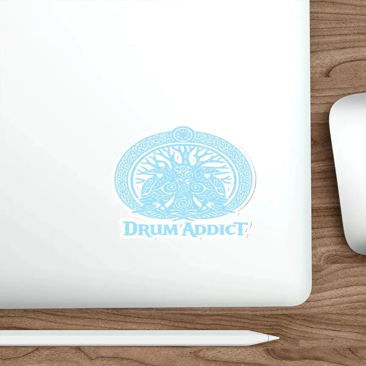 White die-cut sticker featuring the "Drum Addict" Celtic Tree Logo, printed on paper, designed for drum and music enthusiasts.