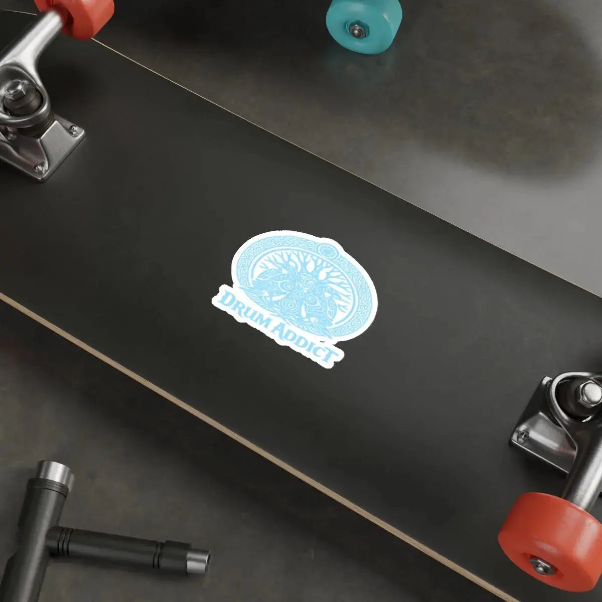 White die-cut sticker featuring the Drum Addict Celtic Tree Logo on paper, perfect for decorating or personalizing items.