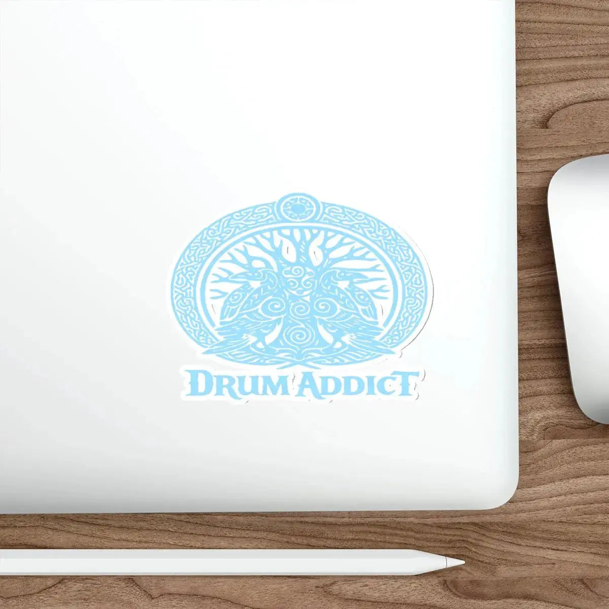 White die-cut sticker featuring the "Drum Addict" Celtic Tree Logo, a paper product by Printify, measuring 2x2 inches.