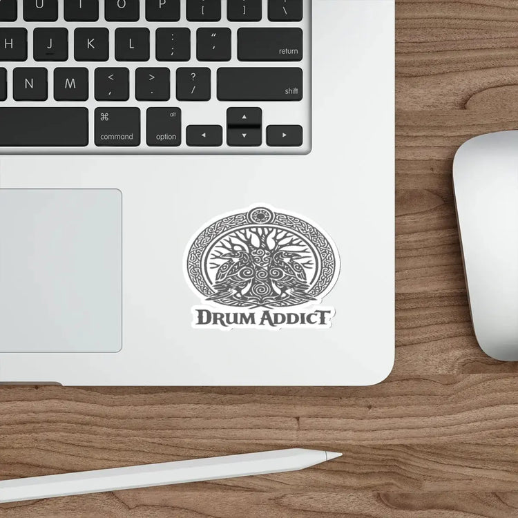 White Celtic Tree drum addict die-cut sticker by Printify, featuring intricate Celtic design on paper product.