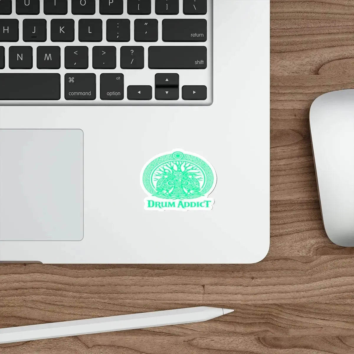 White Drum Addict Celtic Tree die-cut sticker featuring a musician drum lover design, ideal for decorating paper products.