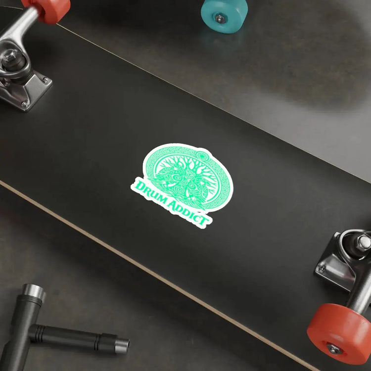 White Drum Addict Celtic Tree die-cut sticker featuring a drum and Celtic design, ideal for musician and drum lover decals.